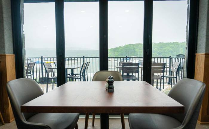The outdoor patio offers views of Greenwood Lake.