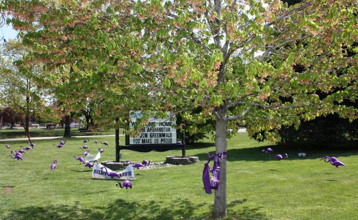 Township gets flocked West Milford Town Hall grounds got flocked! Purple flamingos dotted the lawn in town on Saturday, drawing the attention of passing motorists. The purple birds and ribbons tied 'round the trees are symbolic of The Relay for Life of the Highlands which will be held on June 9/10. Photo by Ginny Raue
