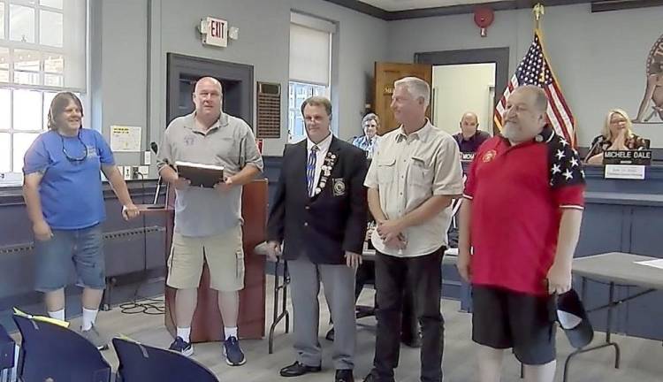 Township Councilman Kevin Goodsir, the esteemed leading knight at BPO Elks Lodge 2236, speaks about Elks community involvement as other lodge members, Recycling Coordinator Dave Stires looks on.