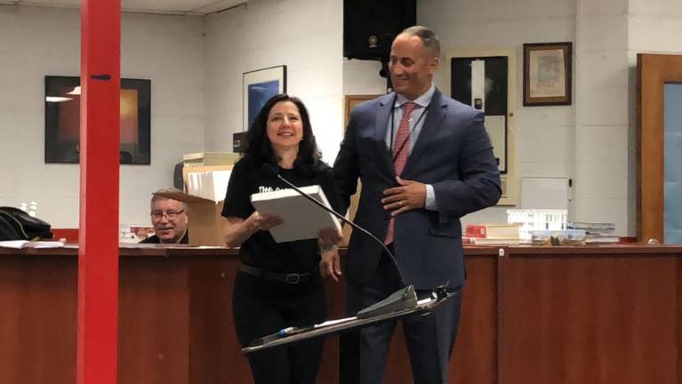 Cynthia D’Antonio, a speech language specialist, retired after 36 years with the West Milford Township School District. At right is Superintendent Alex Anemone. (Photos by Kathy Shwiff)