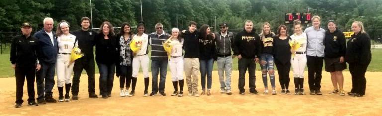 West Milford softball honors senior Highlanders Assistant Coach Mark Mickens, Senior Faith Strina and Family, Senior Rehna Kahn and Family, Senior Ava Dragonetti and Family, Senior Jordan Gerold and Family, Nicole “Coach G” Gwinnett and Assistant Coach Candice “Coach Candy” Carlisle.