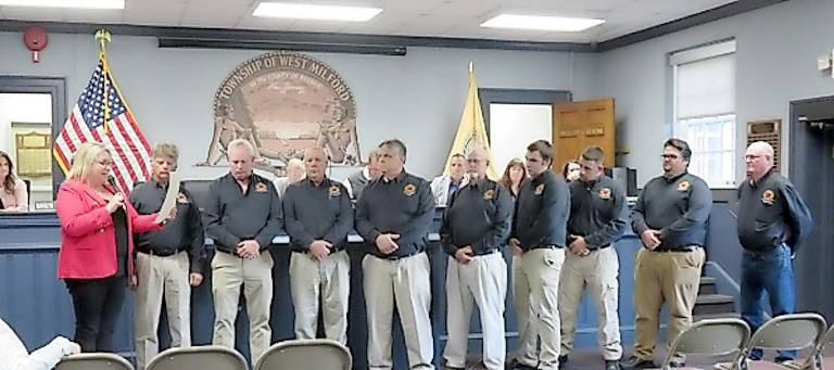 Mayor Dale honors fire company's 75th anniversary Mayor Michele Dale honors West Milford Fire Company #6 with a proclamation during a Township of West Milford Council meeting. From left are: Mayor Dale, Ed Aldrich Jr., Mike Nicholas, Wayne Morrissey, Ron Dygos, Roy Sconfunza, Rocco Gerace, Chris Capuzzo, Mike Dygos and Clyde Finn.