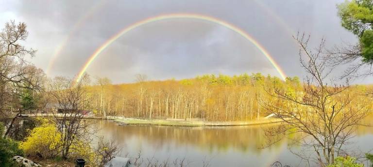 Anne-Lise Lucas shared this photo of a double rainbow taken at Lower Mount Glen Lake in West Milford. “My neighbor suggested I share my photo with you of the inspiring double rainbow we witnessed on Monday, April 19, at 6:45 p.m.,” she said in an email exchange with the West Milford Messenger. “Everyone we show the photo to is impressed by the beauty of the double rainbow and part of its reflection in our beloved lake, though of course, a photo (snapped with an iPhone) cannot do justice to Nature’s stunning beauty.”
