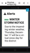 This is a screenshot of virtual snow day pop-up notice on the West Milford Township School District’s website posted Wednesday, Dec. 16.