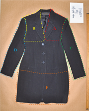 Outside front of dress showing approximate sample areas from forensic analysis.
