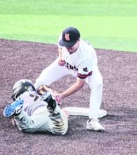 In the third inning attempting to steal second base Jefferson's Nick Aiello is tagged out by Mountain Lakes infielder Brendan Duerr.