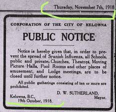 This Nov. 17, 1918, public notice is from Mayor D.W. Sutherland of the City of Kelowna in British Columbia in Canada.