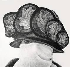 This “1918” Lithograph by artist Amy Silberkleit is based on a collection of hats from the early 20th century era. The scarf hiding the face of the women (a self-portrait) gives reference Spanish Flu Epidemic of 1918. Illustration provided by the Mahwah Museum.