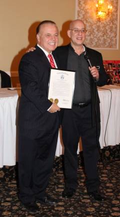 Photos by Ginny Raue New Jersey State Senator Joseph Pennacchio, left, presents Fr. Steven Shadwell, the pastor of St. Joseph Church in West Milford, with a joint legislative resolution marking the 250th anniversary of the little white country church on Germantown Road, the oldest Catholic community in New Jersey.