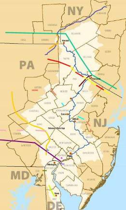 Mapped here are the 12 proposed pipeline projects to traverse the Delaware. Four more may be expected. (Image courtesy the Delaware Riverkeeper Network)