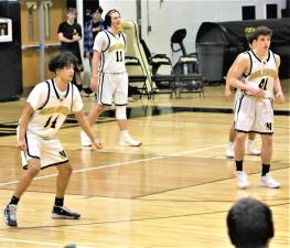 Senior Kevin DeRaffele brings the ball up court.