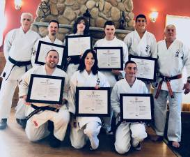 Back row, from left, Sensei Chuck Ercolano, Nick Vigiletti, Connor Shillcock, Christopher Carrasco, Shane Lyden, Sensei Tom Shull. Front, from left: Timothy Duvelsdorf, Linda Boniface, Tyler Douglass