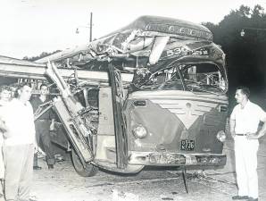 A commuter bus returning from New York City to Newfoundland struck equipment that protruded onto the traveled portion of Route 23 near the High Crest Lake entrance during a project to dualize the highway in 1953.