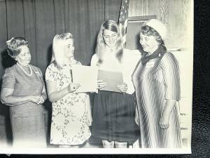 Girls who attended the Citizenship Institute at Douglas College, representing West Milford Women’s Club in 1968 were guests at the women’s first fall meeting that year at West Milford Presbyterian Church Fellowship Hall. From left are Florence Fredericks, a long-time teacher in the local school district and Education Department Chair for the Women’s Club, Rae Wagner, Lorraine Studt and Nan Manus, Chair of the Youth Conservation Department and wife of wife of West Milford Presbyterian Church Minister Rev. Albert Manus.