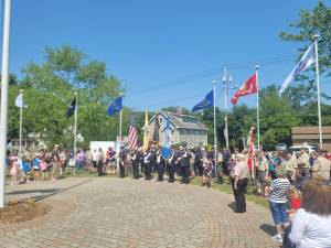 The Eagle Scout project of Edward Satkowski - installation of six flagpoles, one for each flag of the U.S. Armed Forces - was dedicated during a Memorial Day ceremony May 29. Members of Scout Troop 114 attended the ceremony at Veterans Monument Park in front of the West Milford municipal building. (Photo provided)