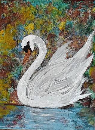 SS3 Sue Siva’s ‘Swan’ painting is largely made with leaves.
