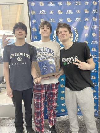 PCTI state sectional champs from High Crest Lake, from left, are Zachary McKatten, Michael DeMarco and Tyler Roer.