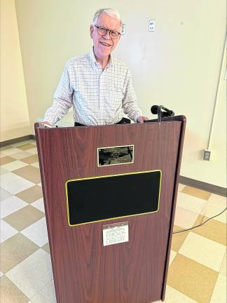Joel Farkas speaks at the West Milford Library.