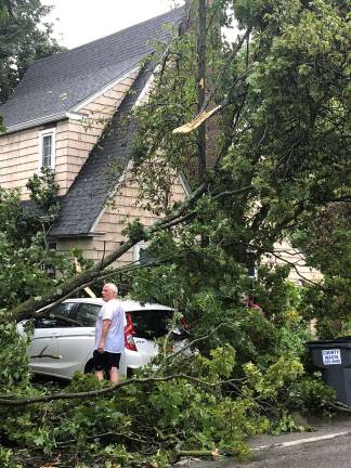 Photo by Terry Reilly High wind gusts downed trees, which in-turn knocked down power lines and a transformer. At least one home and one vehicle as well as a telephone pole suffered serious damage.