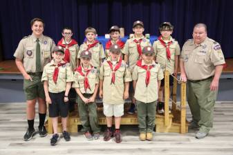 In front row from left are Finn Santonacita, Joey Courtney, Ryan Papienuk and Dominic D’Aloia. In back row from left are Danny Krautheim, Sammy Morgan, Sean Comune, Denis Welch, Robert Cummings, Lucas Crespo and Rob Krautheim, assistant scoutmaster of Troop 44. (Photo provided)