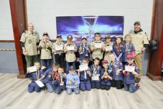 Members of Cub Scouts Pack 9 in West Milford pose with their awards from the annual Pinewood Derby. (Photo provided)