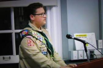 Edward Satkowski, speaking at a recent West Milford Council meeting, describes his Eagle Scout Project for Veterans Park.