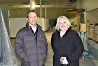 West Milford Shopping Plaza owner Mark Lane and Mayor Michele Dale during the Feb. 7 tour of the upcoming Highlands Market.