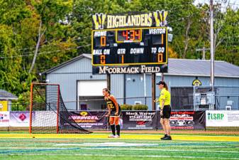 Sophomore Taylor Keegan lines up with the ball in the first quarter of the game against Pompton Lakes at home Tuesday, Sept. 23. It was the Highlanders’ first loss of the season. (Photos by TJ Nolan)
