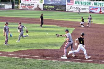 <b>MN1 The Sussex County Miners’ Hunter D'Amato (2) reaches first base before the ball in the second inning of a game against the Brockton Rox on Saturday, Aug. 2. The Miners won, 9-3. (Photos by George Leroy Hunter)</b>