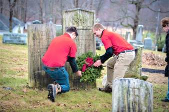 Evan LeMay and Matthew Hoffman lay a wreath at a grave during the 2018 tribute.