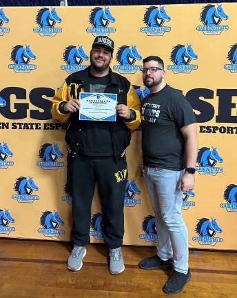 West Milford's Jack Fleming, a Garden State Esports all-star, and West Milford High School Esports coach Thomas Santoro. Photo by Jennifer Fleming.