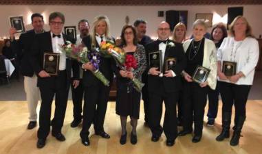 Front Row: Elk of Month Jim Todd, Exalted Ruler Tammy Roos, Elk of the Year Karen Kerney, Elk of the Month and Volunteer of the Year John Addice, Elk of the month Barbara Doster. Back Row: ELk of the Months Stu Feldman, Jim Mcgough, Ken Moore, Loretta Gaul Mulligan and Dawn Landolfi Pepe