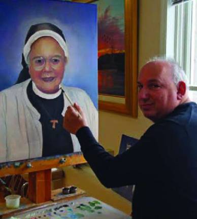 Photo courtesy of Gail Hawthorne Artist Mike Malzone is seen here painting the portrait of Sister Mary Matthew Cola, which will be for sale at the St. Catherine of Bologna Art Show. The proceeds will benefit the North Jersey Community Animal Shelter.