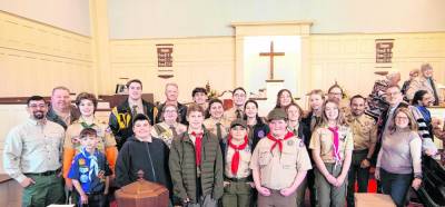 Troop 44B, Troop 44G and Venturing Crew 44 celebrate Scout Sunday on Feb. 4 with their chartered organization, West Milford Presbyterian Church. (Photo provided)