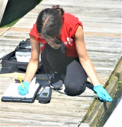 A graduate student from Montclair University tests the water in Greenwood Lake in July following the HAB no contact advisory by the NJ DEP.