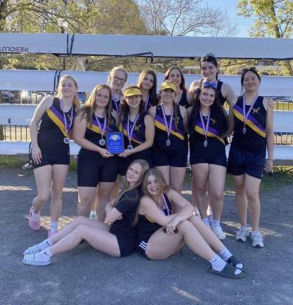 The Warwick Valley High School girls rowing team after winning the Orange County Rowing Cup April 27 in Kingston. Back row, left to right: Violet Decker, Mila Dispenza, Abigail Sorrel, Riley Seijas and Maya Fong; middle row, left to right: Grace Carter, Tierny Neavin, Arianna Ovanesian, Leah Purta and Arianna Weinberg; and in front, left to right: Aubrey Grigalunas and Audrey Finn. Photo provided by Riley Seijas.
