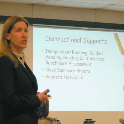 Photo by Patricia Keller Apshawa Principal Stephanie Primavera presents her school's goals to the West Milford Board of Education Tuesday Night. Hers was the first of the presentations.