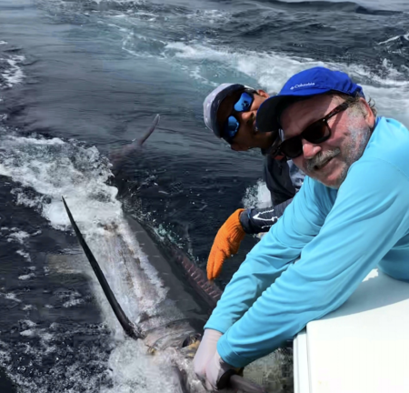 West Milford resident Steve Sangle is seen with a 450-pound marlin he hooked while fishing in the Pacific off the coast of Costa Rica. Photo provided.