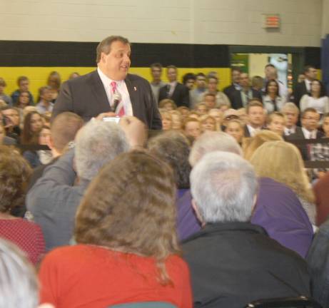 Photo by Linda Smith Hancharick Gov. Chris Christie held a town hall meeting in West Milford this October. Hundreds of residents packed the PAL building to listen to the governor.