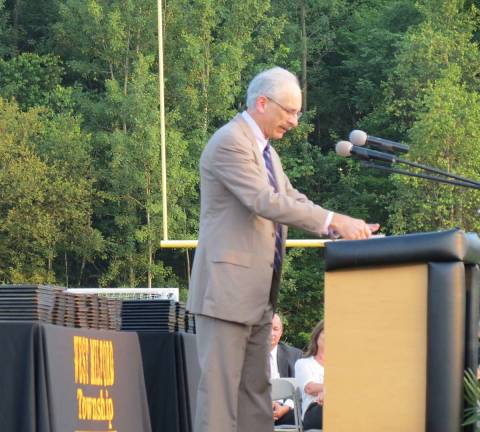 Photo by Patricia Keller Wayne Gottlieb, vice president of the West Milford Board of Education, addresses the graduates Tuesday night.