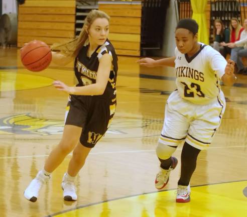 West Milford's Jordyn Gerold handles the ball while covered by Vernon's Brietta Patterson in the fourth quarter.