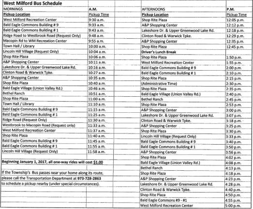 The bus schedule for West Milford transportation.