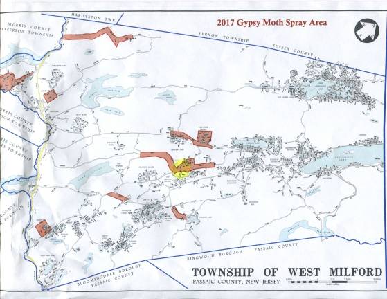 The highlighted areas on this map of the township will be treated for gypsy moths from May to June with Bt, a pesticide whose active ingredient is naturally occuring.