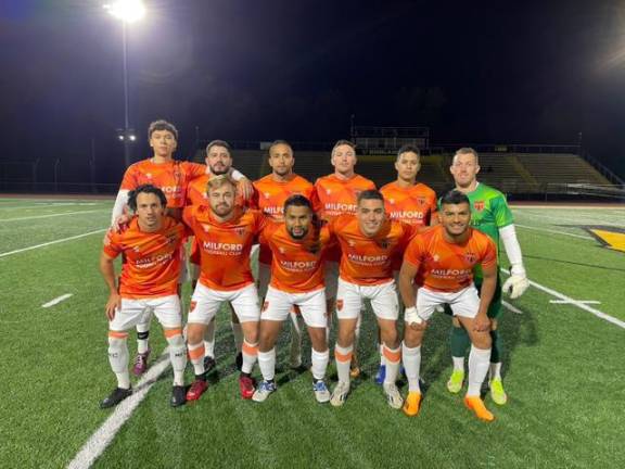 Players on Milford FC’s premier team 2 are among 40 local members of the growing semi-professional soccer club. (Photo courtesy of Milford FC)