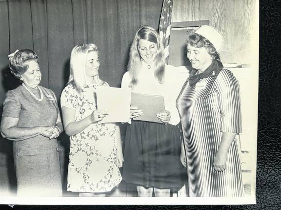 Girls who attended the Citizenship Institute at Douglas College, representing West Milford Women’s Club in 1968 were guests at the women’s first fall meeting that year at West Milford Presbyterian Church Fellowship Hall. From left are Florence Fredericks, a long-time teacher in the local school district and Education Department Chair for the Women’s Club, Rae Wagner, Lorraine Studt and Nan Manus, Chair of the Youth Conservation Department and wife of wife of West Milford Presbyterian Church Minister Rev. Albert Manus.