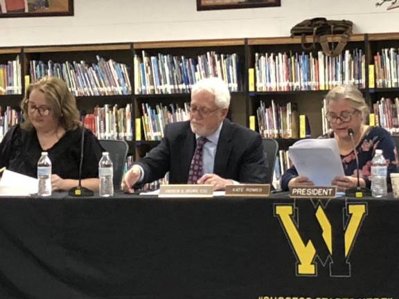 From left are the West Milford Board of Education’s new vice president Claire Lockwood, board attorney Andrew Brown and the new board president Kate Romeo.