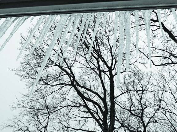 Photo by Patricia Keller Icicles, gray skies and snow have been the norm this winter. Many snowstorms have forced the school board to add two days to the calendar. So far.