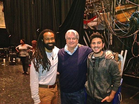 Actors from Money Monster, Casey Walker Jr., left, and Grant Rosenmeyer, right, on set with James Warden.