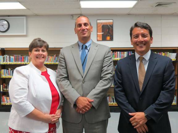 Photo by Patricia Keller Newly appointed supervisors Coleen Weiss-Magasic, left, and Oliver Pruksarnukul, right, flank West Milford Superintendent Dr. Alex Anemone.