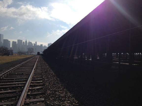 This abandoned railroad yard makes for a scenic shot, with New York City in the background.